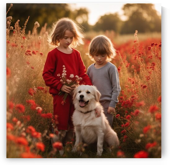  des enfants filettes et garçons  dans un champt de fleurs sauvage rouge avec un chien a golden hour by AIGALLERY