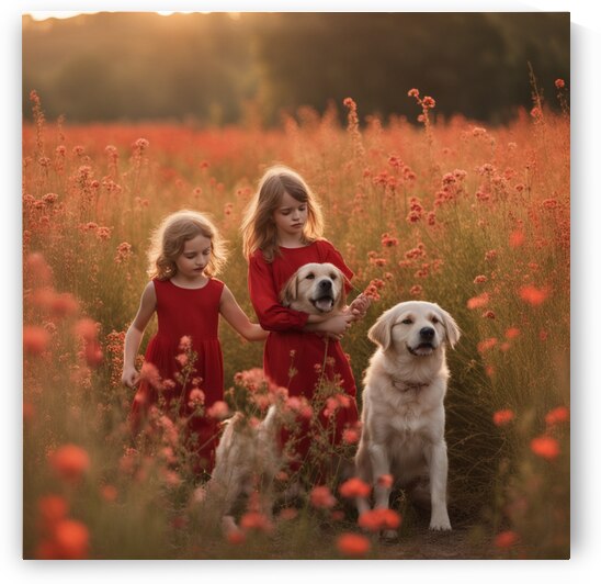  des enfants filettes et garçons  dans un champt de fleurs sauvage rouge avec un chien a golden hour by AIGALLERY