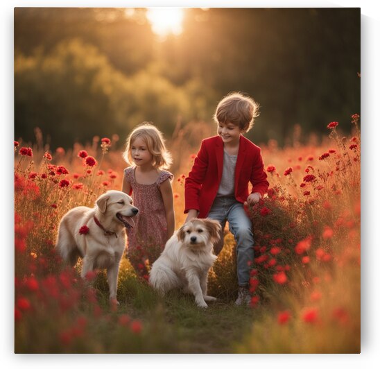  des enfants filettes et garçons  dans un champt de fleurs sauvage rouge avec un chien a golden hour by AIGALLERY