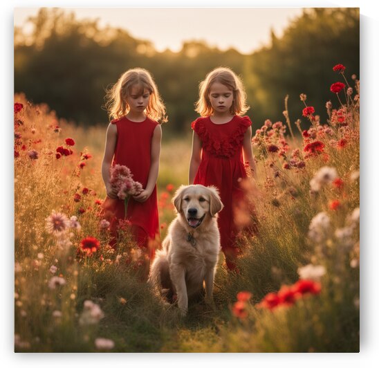  des enfants filettes et garçons  dans un champt de fleurs sauvage rouge avec un chien a golden hour by AIGALLERY