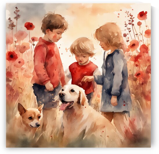  des enfants filettes et garçons  dans un champt de fleurs sauvage rouge avec un chien a golden hour Watercolor style by AIGALLERY