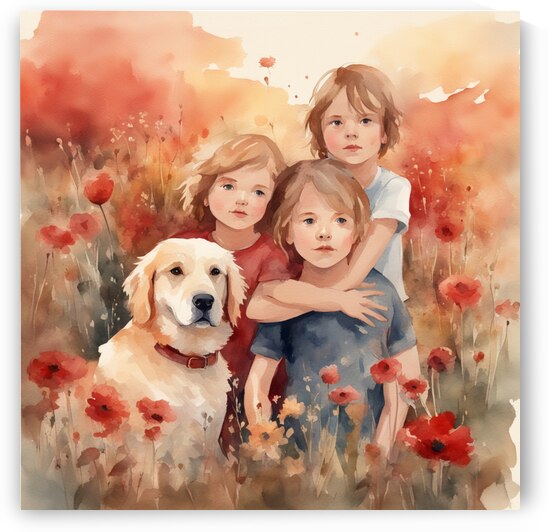  des enfants filettes et garçons  dans un champt de fleurs sauvage rouge avec un chien a golden hour Watercolor style by AIGALLERY