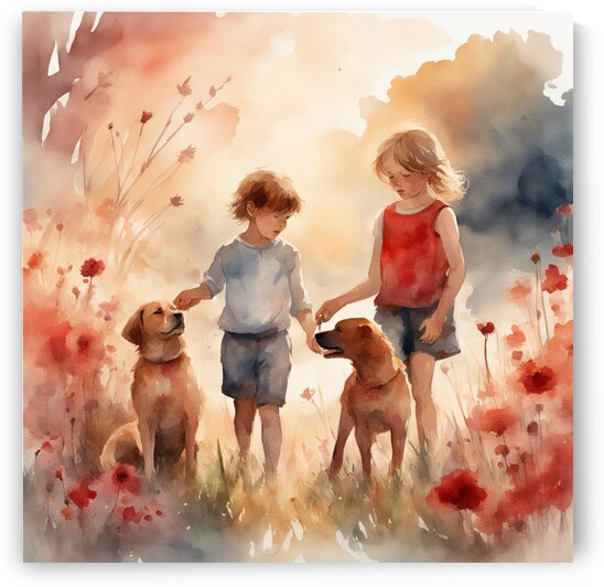  des enfants filettes et garçons  dans un champt de fleurs sauvage rouge avec un chien a golden hour Watercolor style by AIGALLERY