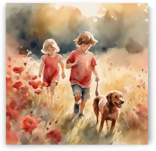  des enfants filettes et garçons  dans un champt de fleurs sauvage rouge avec un chien a golden hour Watercolor style by AIGALLERY