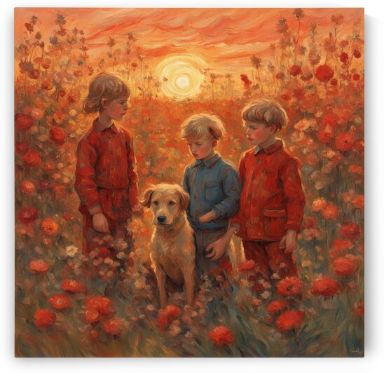  des enfants filettes et garçons  dans un champt de fleurs sauvage rouge avec un chien a golden hour Van Gogh style by AIGALLERY