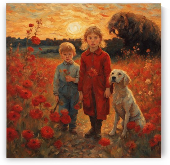  des enfants filettes et garçons  dans un champt de fleurs sauvage rouge avec un chien a golden hour Van Gogh style by AIGALLERY