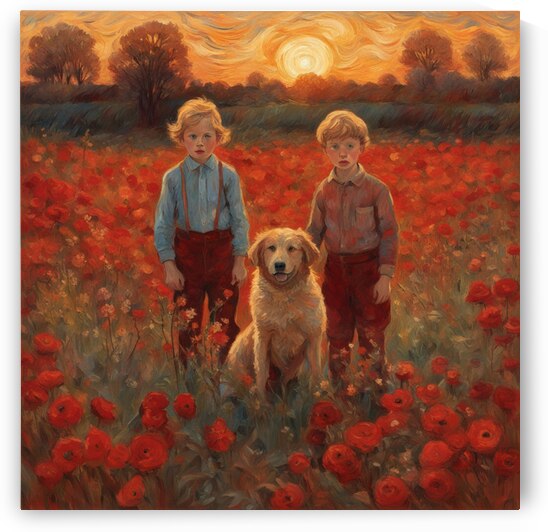  des enfants filettes et garçons  dans un champt de fleurs sauvage rouge avec un chien a golden hour Van Gogh style by AIGALLERY