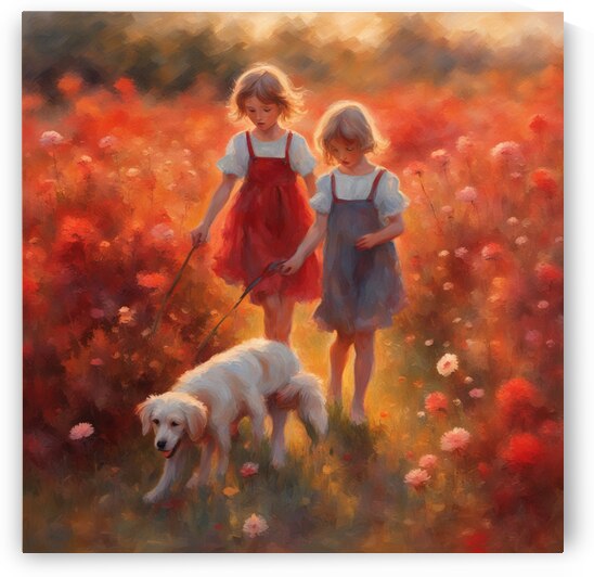  des enfants filettes et garçons  dans un champt de fleurs sauvage rouge avec un chien a golden hour Impressionism style by AIGALLERY