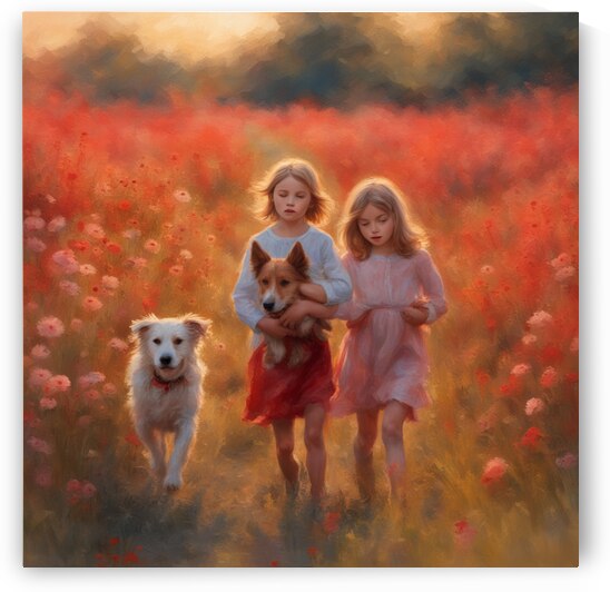  des enfants filettes et garçons  dans un champt de fleurs sauvage rouge avec un chien a golden hour Impressionism style by AIGALLERY