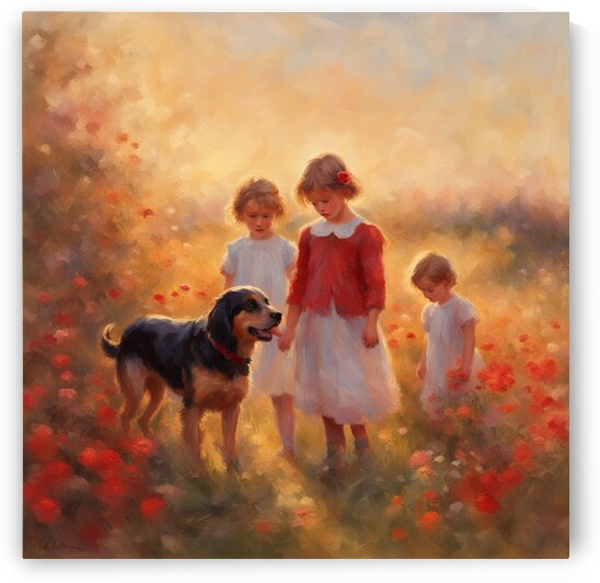  des enfants filettes et garçons  dans un champt de fleurs sauvage rouge avec un chien a golden hour Impressionism style by AIGALLERY