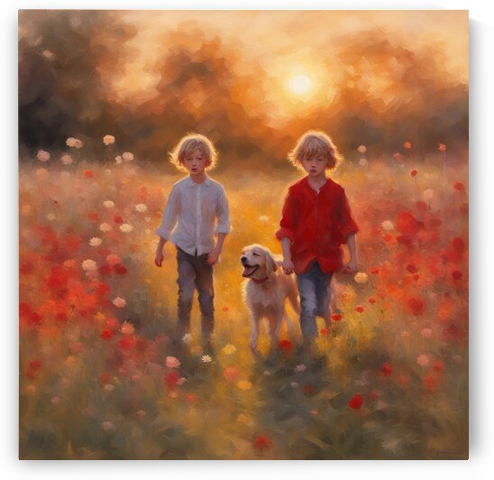  des enfants filettes et garçons  dans un champt de fleurs sauvage rouge avec un chien a golden hour Impressionism style by AIGALLERY