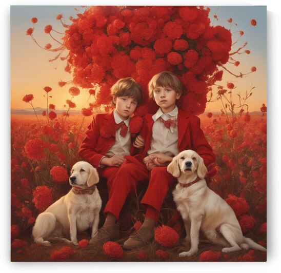  des enfants filettes et garçons  dans un champt de fleurs sauvage rouge avec un chien a golden hour Dali style by AIGALLERY