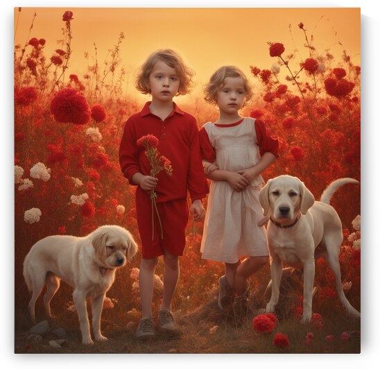  des enfants filettes et garçons  dans un champt de fleurs sauvage rouge avec un chien a golden hour Dali style by AIGALLERY