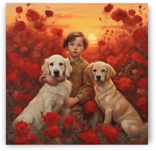  des enfants filettes et garçons  dans un champt de fleurs sauvage rouge avec un chien a golden hour Dali style by AIGALLERY