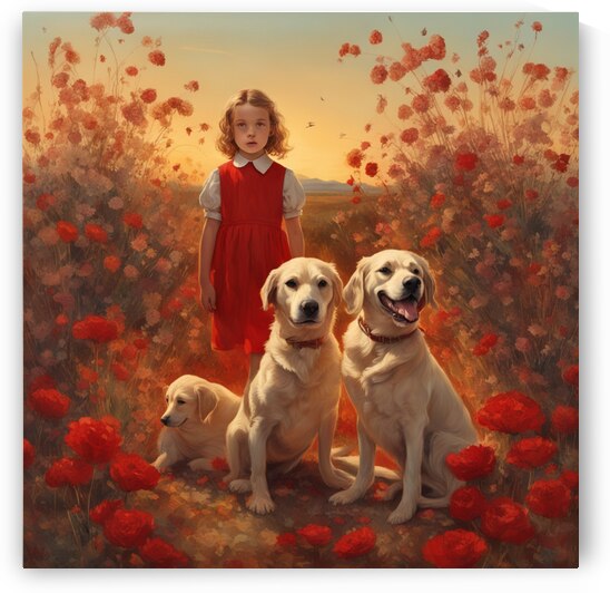  des enfants filettes et garçons  dans un champt de fleurs sauvage rouge avec un chien a golden hour Dali style by AIGALLERY