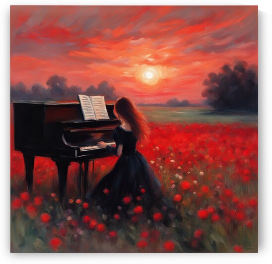 Jene fille cheveux noir pratiquant le piano  sur le bord dans un champ de fleurs sauvage  au coucher du soleil avec des fleurs rouge Impressionism style by AIGALLERY