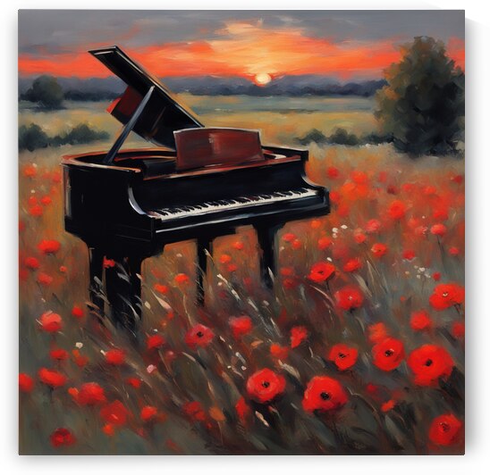 Jene fille cheveux noir pratiquant le piano  sur le bord dans un champ de fleurs sauvage  au coucher du soleil avec des fleurs rouge Impressionism style by AIGALLERY