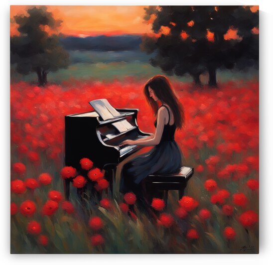 Jene fille cheveux noir pratiquant le piano  sur le bord dans un champ de fleurs sauvage  au coucher du soleil avec des fleurs rouge Impressionism style by AIGALLERY