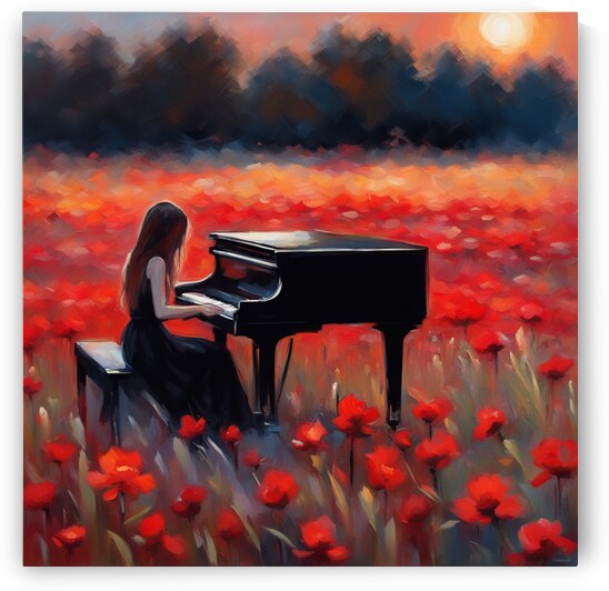 Jene fille cheveux noir pratiquant le piano  sur le bord dans un champ de fleurs sauvage  au coucher du soleil avec des fleurs rouge Impressionism style by AIGALLERY