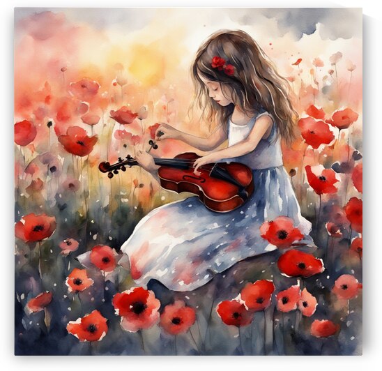 une jeune  fillette 10 ans cheveux10 ans noir pratiquant le piano  et une jeune fillette 7 ans cheveux noir paratiquant le violon  dans un champ de fleurs sauvage  au coucher du soleil avec des fleurs rouge Watercolor style by AIGALLERY