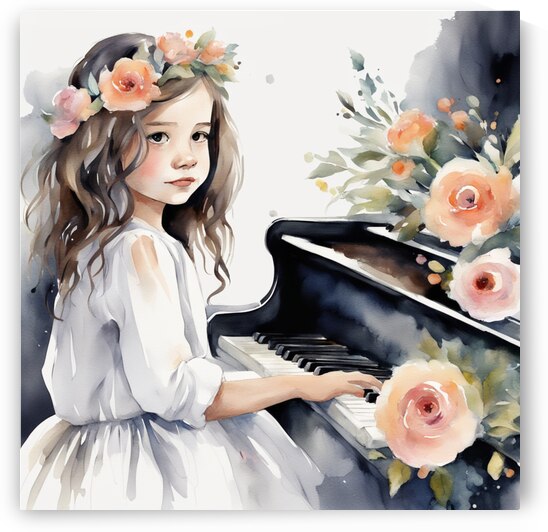 petite fille 10 ans cheveux noir avec robe blanche  jouant du piano avec bouquet de fleur sur le piano Watercolor style by AIGALLERY