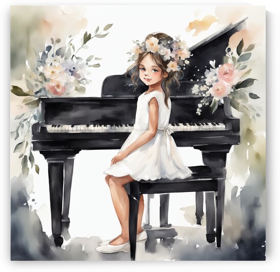 petite fille 10 ans cheveux noir avec robe blanche  jouant du piano avec bouquet de fleur sur le piano Watercolor style by AIGALLERY