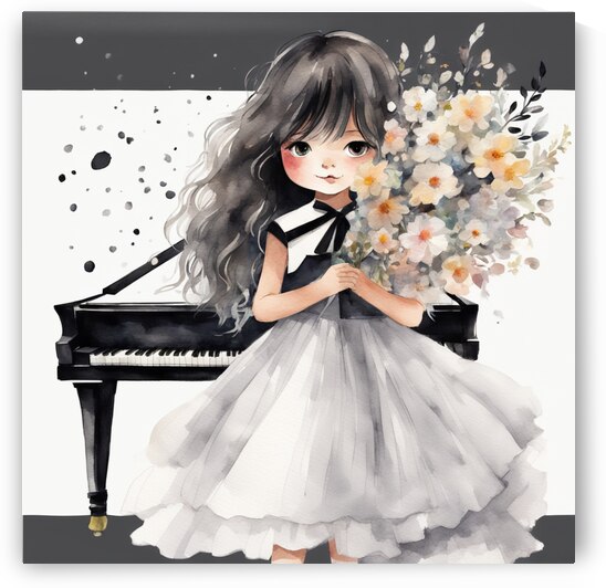 petite fille 10 ans cheveux noir avec robe blanche  jouant du piano avec bouquet de fleur sur le piano Watercolor style by AIGALLERY