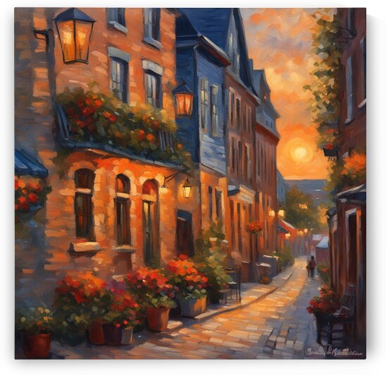  le vieux Québec avec des terrasses fleuri au coucher de soleil Impressionism style by AIGALLERY