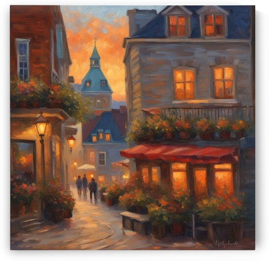  le vieux Québec avec des terrasses fleuri au coucher de soleil Impressionism style by AIGALLERY