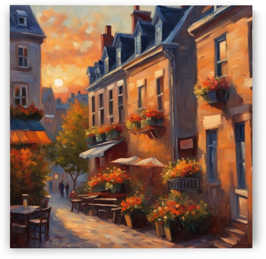  le vieux Québec avec des terrasses fleuri au coucher de soleil Impressionism style by AIGALLERY