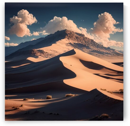 Breathtaking view of a desert landscape with towering sand dunes and a brilliant blue sky by Digital art