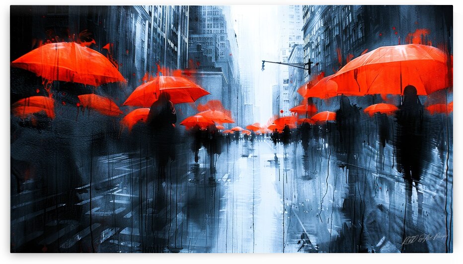 Rainy Day - Red Umbrellas Rain by SykArt Designs