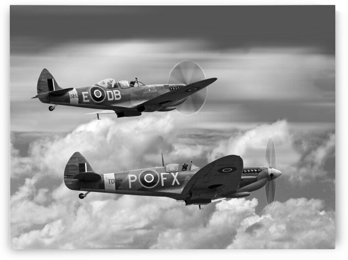 Spitfires Above The Clouds Black and White by Gill Billington