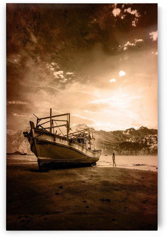 Old Ship on the seaside and woman by Ehtiram Mammadov