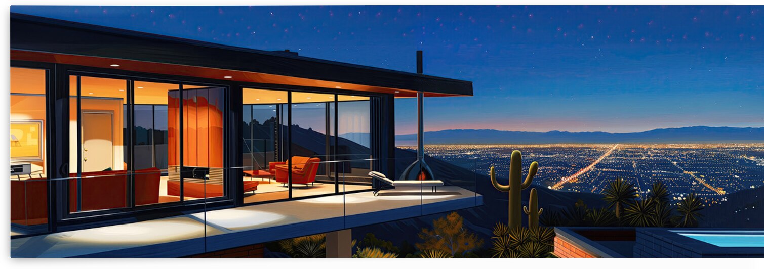 Midcentury Modern Home Overlooking City at Night Cactus Print by New York Art Studio