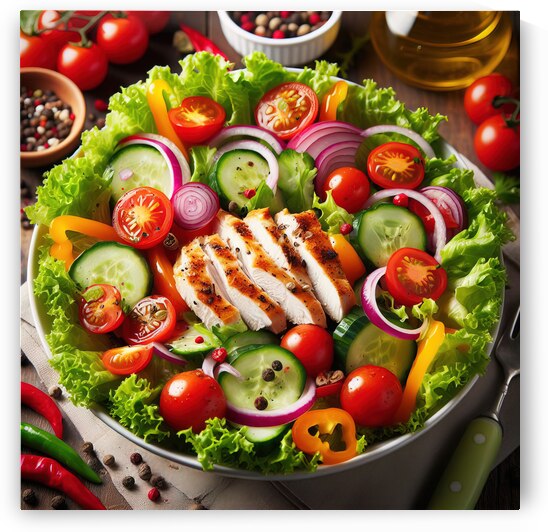 Chicken salad with tomato lettuce on wooden board by artvi