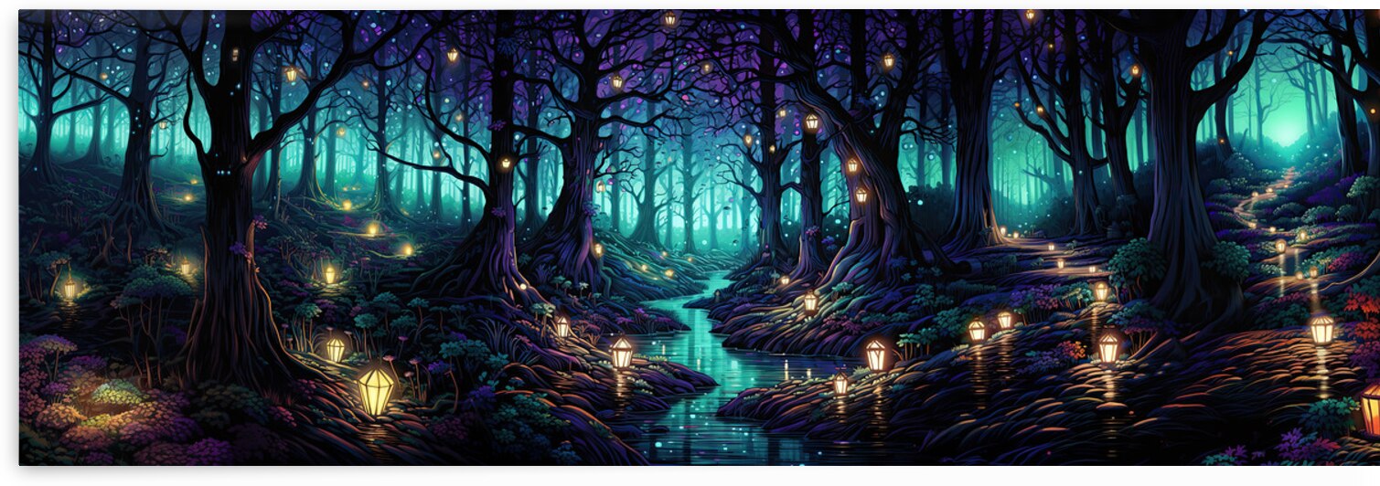 Enchanted Forest Fantasy Art. Spiritual Glowing Lanterns. by New York Art Studio