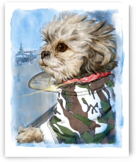 Cute dog portrait looking out car window watercolor painting by Kevin Miller Photography