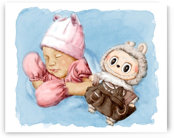 Cute baby portrait with Labubu monster toy watercolor painting by Kevin Miller Photography