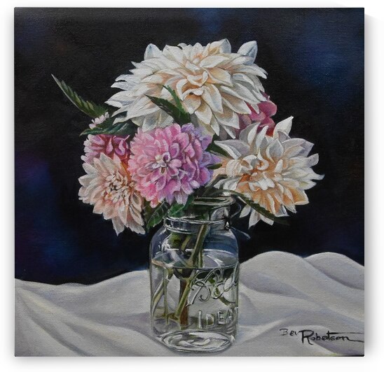 Dahlias in a Jar  Square foot painting by Bev Robertson Art