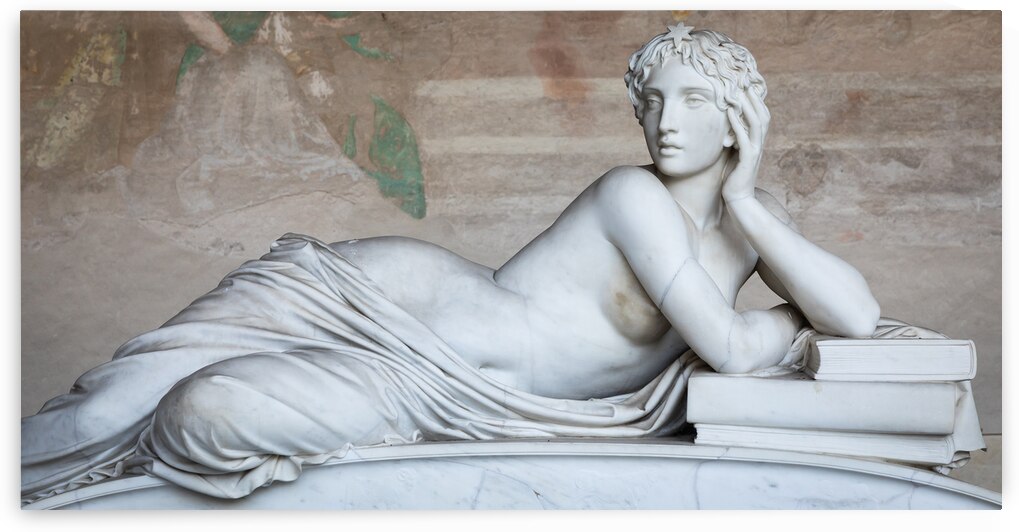Pisa Italy - sad statue in cemetery. Vintage white marble sculp by Paolo Modena