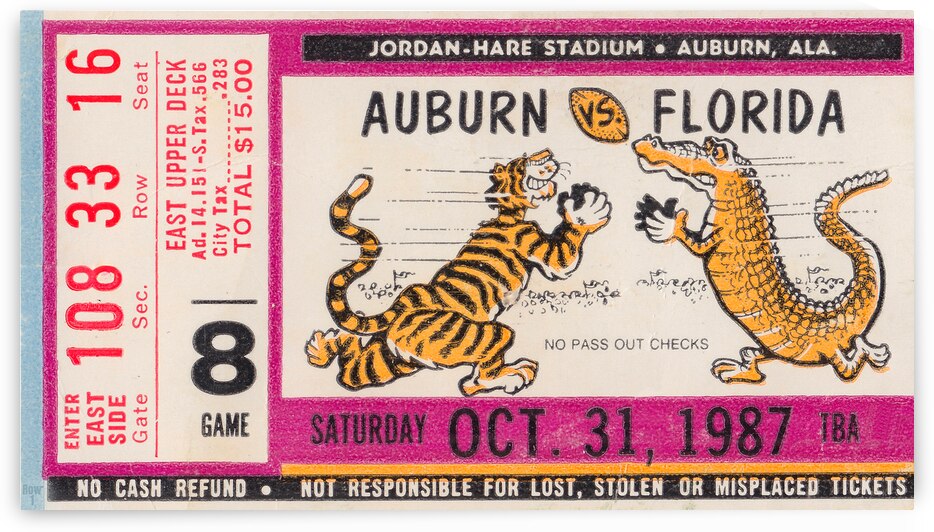 1987 Auburn vs. Florida Football Ticket Art by Row One Brand