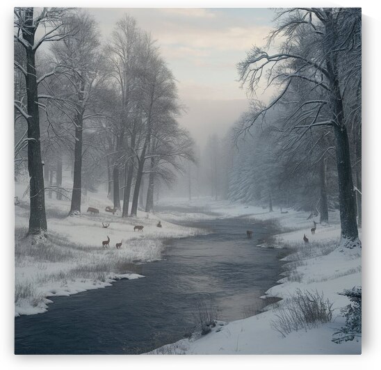a serene snow covered landscape with a gently flo by 9 A8do 6