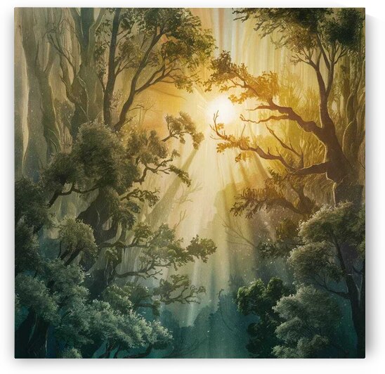 The painting depicts a magical moment of sunrise in a forest full of dense trees with sunlight filtering between the trees creating light and blurry effects that highlight the beauty and tranquility of nature. by Abdelwahab Khalil