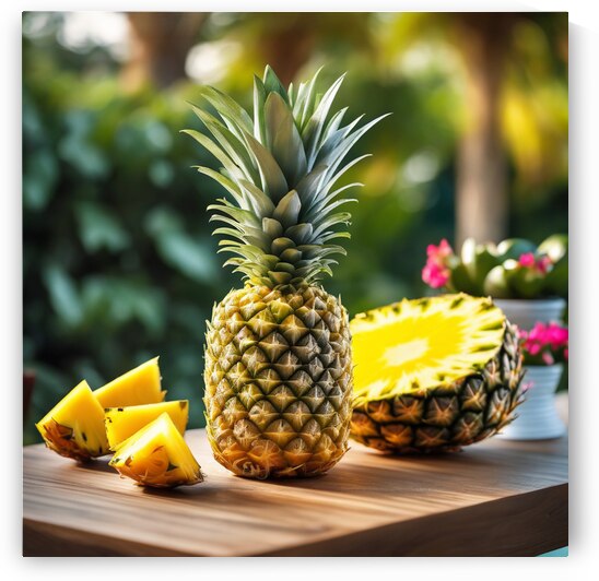 yellow pineapple on table blur garden background by abdel77