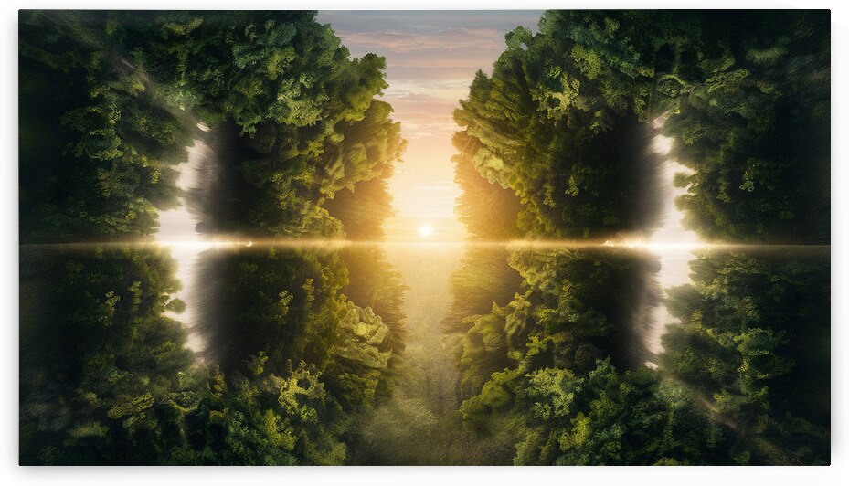 A conceptual painting depicting a sunrise in a magical strategy. The forest is tucked away with access to the sun between two clearings creating multiple options and an attractive blur. It contains clear light and clear colors for the beauty and tranquili by Abdelwahab Khalil