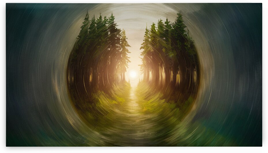 A conceptual painting depicting a sunrise in a magical strategy. The forest is tucked away with access to the sun between two clearings creating multiple options and an attractive blur. It contains clear light and clear colors for the beauty and tranquili by Abdelwahab Khalil