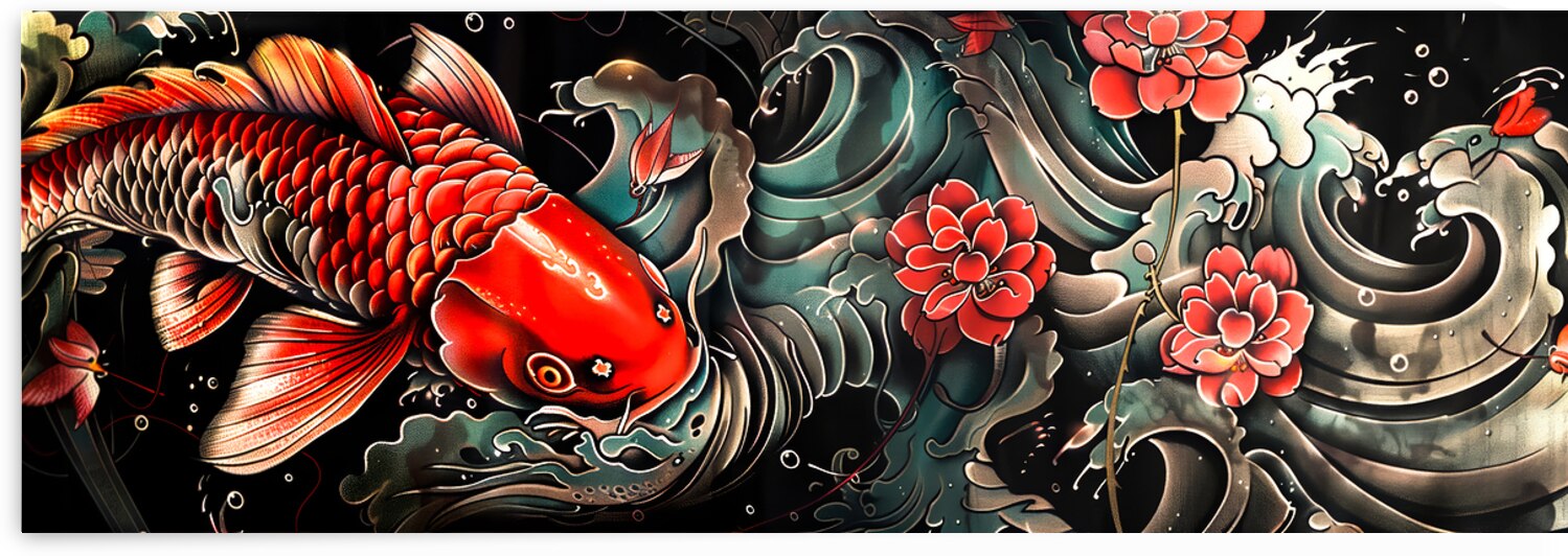 Vibrant koi fish in traditional asian art style by Gualtiero Boffi