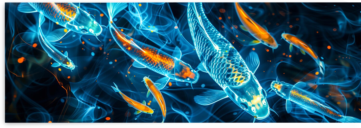 Vibrant neon koi fish in digital water by Gualtiero Boffi
