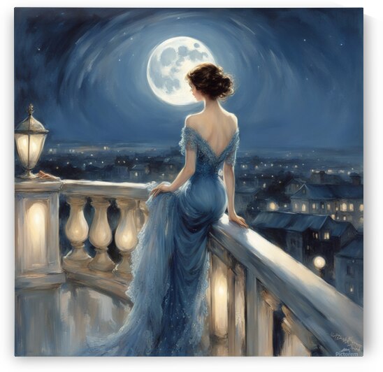 Woman standing on a balcony overlooking the city night time perfect face perfect open eyes dark soft curls glamorous gorgeous delicate romantic delicate French blue long lace dress stars in sky full moon realistic romanticism blue tones Harrison Fisher se by AIGALLERY